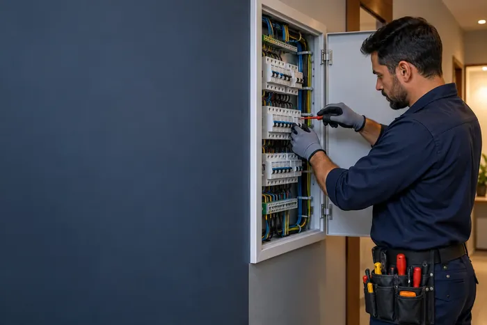 Profissional junto a um quadro elétrico
