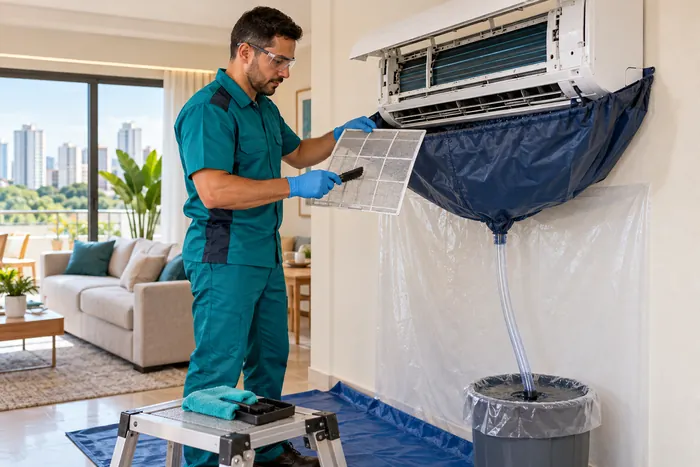 Técnico realizando higienização de split com proteção do ambiente